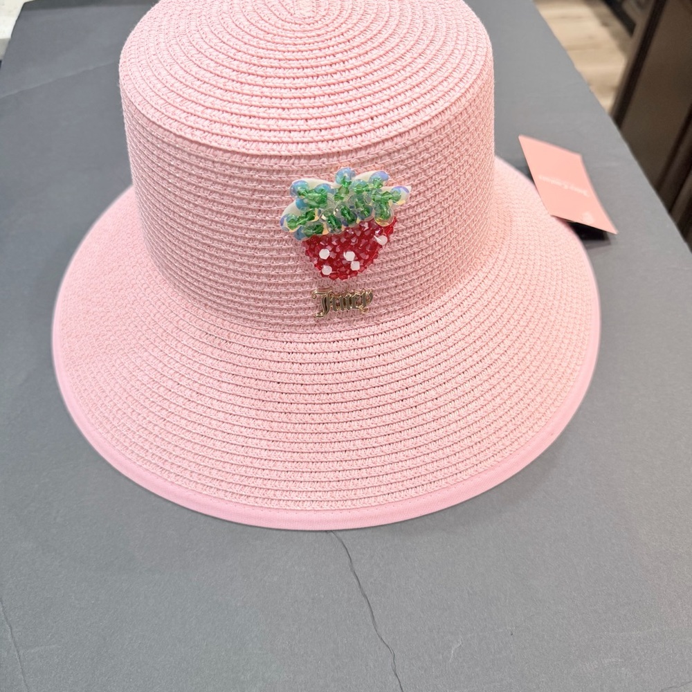 Juicy Couture Pink Straw Hat with beaded strawberry